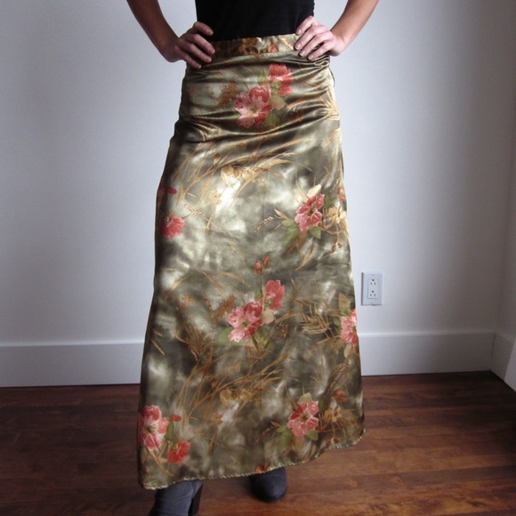 Satin Olive Green With Flowers Maxi Skirt - Picture 2 of 6